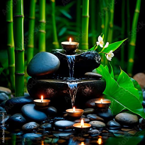 Bamboo fountain with zem stones photo