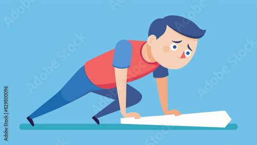 A man with a tense expression pushing through the pain as he attempts to hold a plank for an unreasonably long amount of time.. Vector illustration
