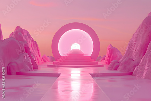 a minimalistic landcsape abstract with pink colors and bright and calid light  photo