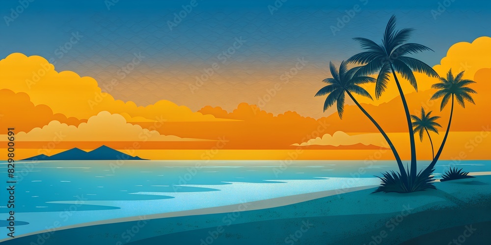 sunset on the beach Illustration of palm trees, sea and sand with sky. summer illustrations for the opening album, letter, background wallpaper, collage, art sunset on the beach Illustration of palm trees, sea and sand with sky. summer illustrations for the opening album, letter, background wallpaper, collage, art