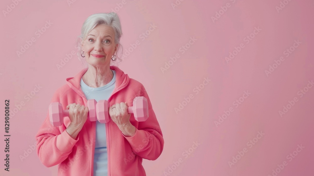 portrait of a smiling Caucasian woman pensioner in a tracksuit with dumbbells, studio shooting, copyspace on the right portrait of a smiling Caucasian woman pensioner in a tracksuit with dumbbells, studio shooting, copyspace on the right