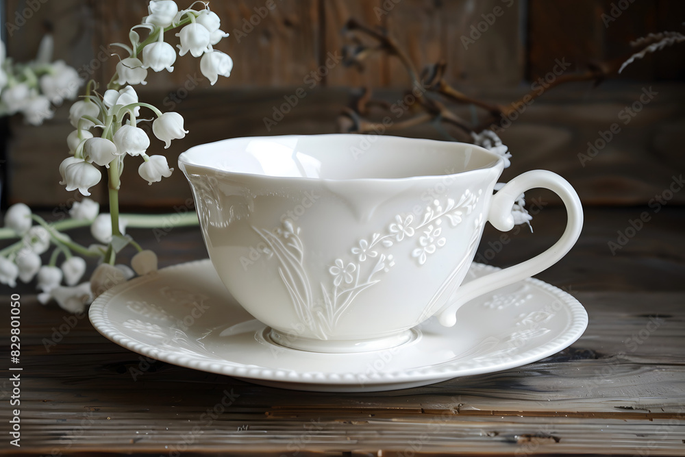 A white porcelain cup and saucer, featuring an embossed design of lily of the valley on the outside. A white porcelain cup and saucer, featuring an embossed design of lily of the valley on the outside.