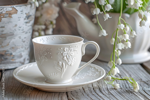 A white porcelain cup and saucer, featuring an embossed design of lily of the valley on the outside.