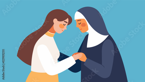 A powerful moment of empathy as a Catholic nun comfortingly holds the hand of a Buddhist nun both finding solace in their shared devotion to serving humanity.. Vector illustration