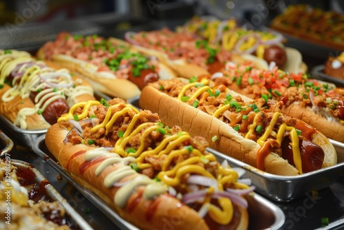 hot dogs fully loaded with assorted toppings on a tray. Traditional american fast food