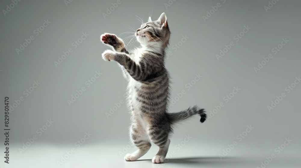 Naklejka premium Grey and white cat s joyful leap against solid background illustrates vitality and contentment