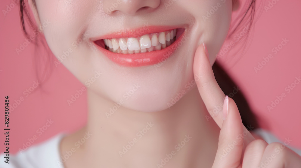 Obraz premium A close-up photograph of a woman pointing to her healthy gums and tooth with a joyful expression, relaxed pose, simple solid color background