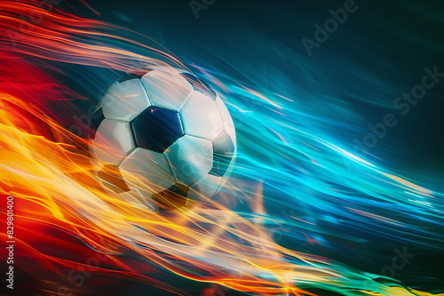 Soccer Ball in Motion with Fire and Blue Streaks