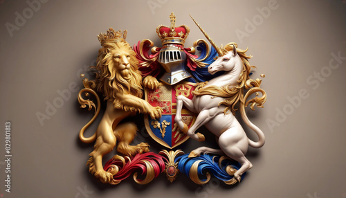 A regal coat of arms featuring a lion and a unicorn, symbolizing royalty.