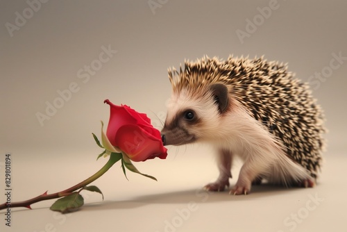 hedgehog smells a rose photo