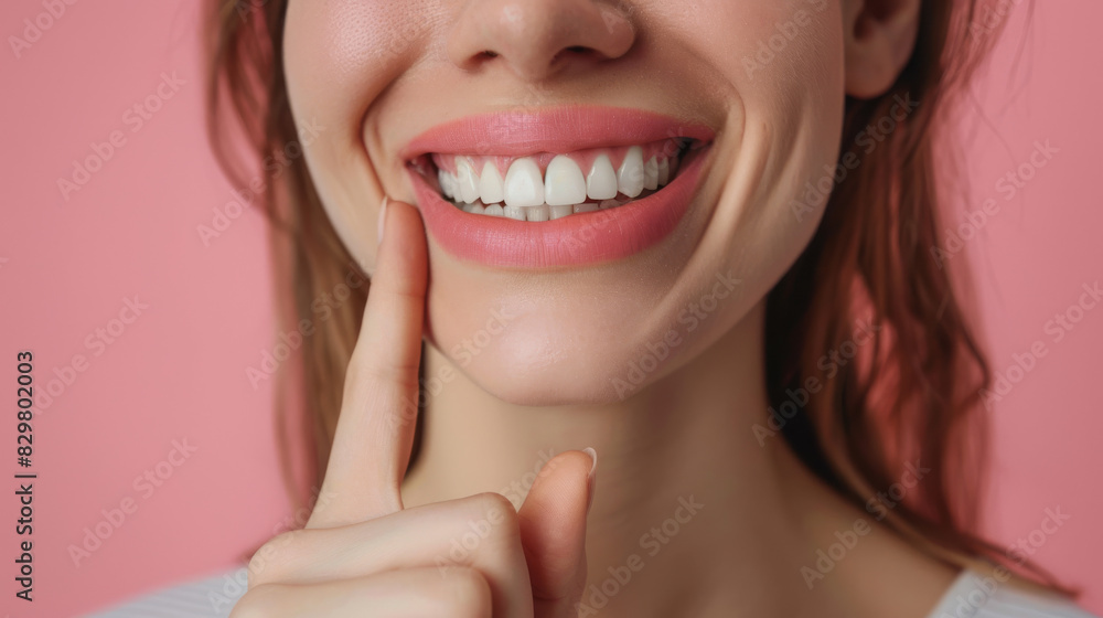 Obraz premium A close-up photograph of a woman pointing to her healthy gums and tooth with a joyful expression, relaxed pose, simple solid color background