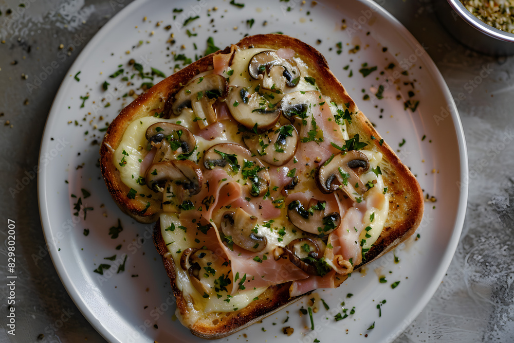 cinematic 35mm shot of an italian toast with ham and fontina cheese, and sautéed mushrooms.