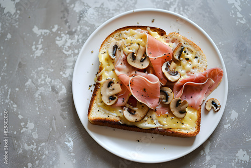 cinematic 35mm shot of an italian toast with ham and fontina cheese, and sautéed mushrooms. photo