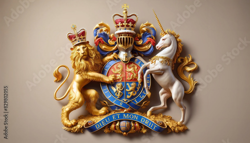 A regal coat of arms featuring a lion and a unicorn, symbolizing royalty.