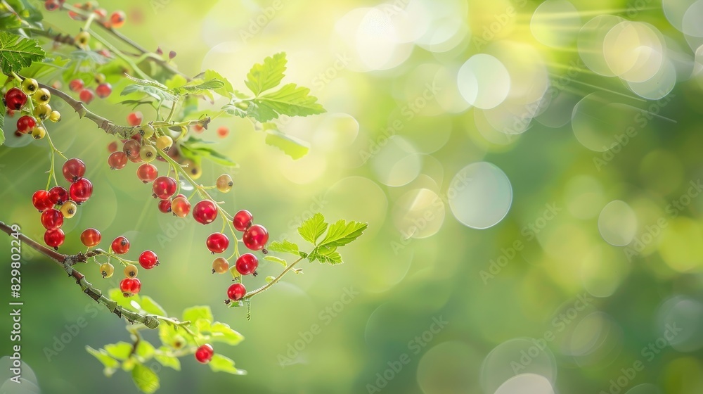 Blurred green backdrop with branches and flowers Ornamental crimson currant on a spring themed greeting card for celebrating occasions like Mother s Day or birthdays