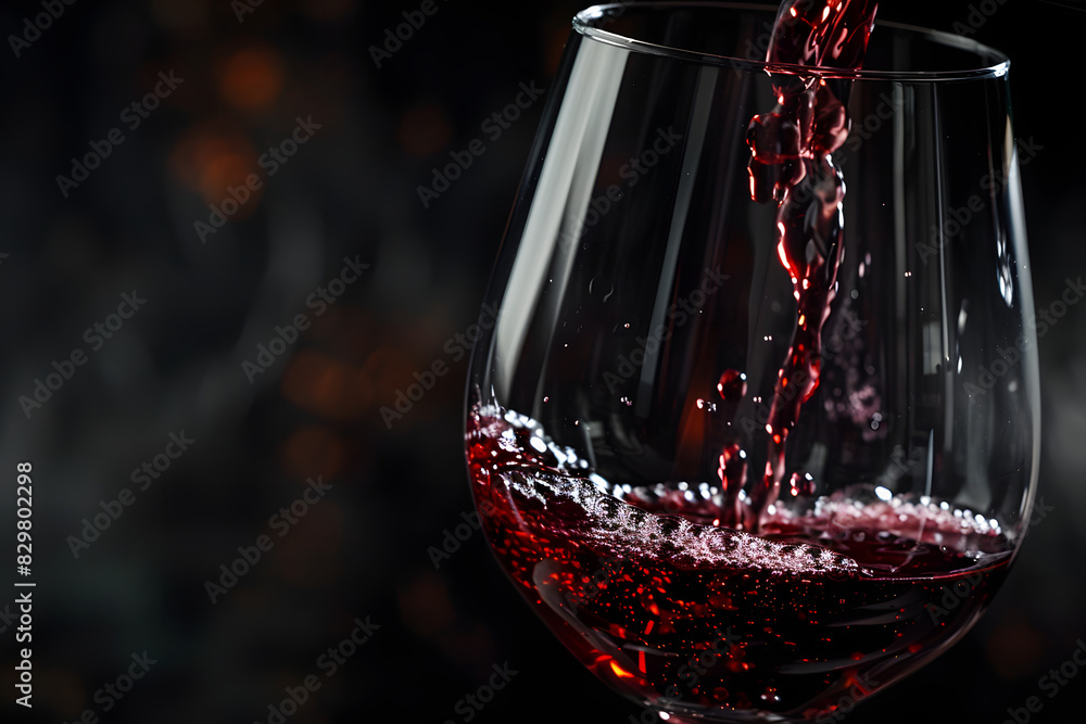 Close up of red wine being poured into a tilted::1