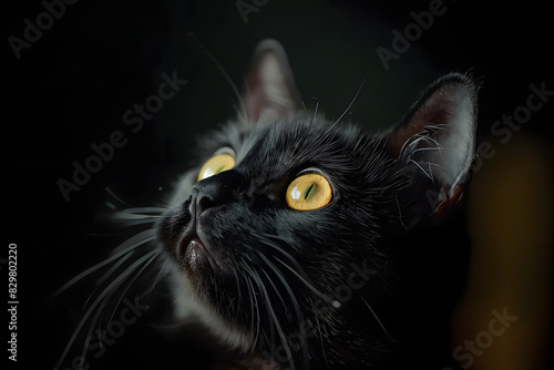 close up of a black cat with yellow eyes and pink nose on a pitch black background photo