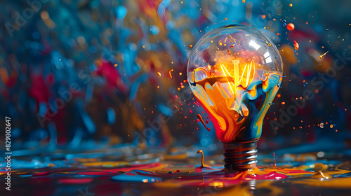 Creative inspiration concept with clorful lightbulb made from liquid paint on dark background photo