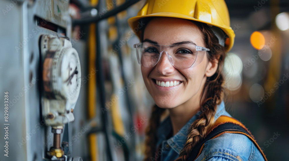 Young beautiful female electrician smiling Young beautiful female electrician smiling