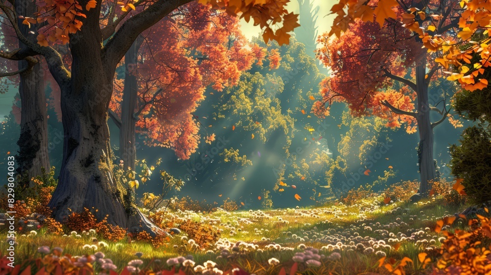 The background of the scene was a lush forest, alive with the vibrant colors of autumn, stretching endlessly in every direction.