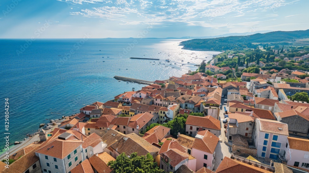 The bird's-eye view of a coastal town reveals a picturesque scene of red-tiled rooftops, narrow winding streets, and the azure sea stretching out to the horizon