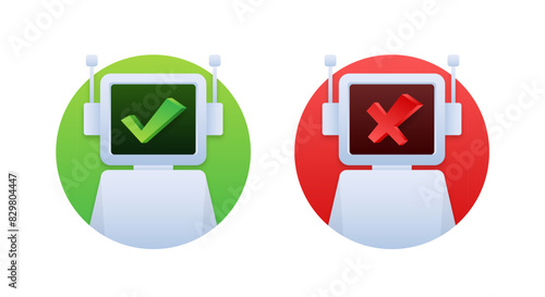 Robots with Yes and No signs on their displays. Please check robot. Chat bot.