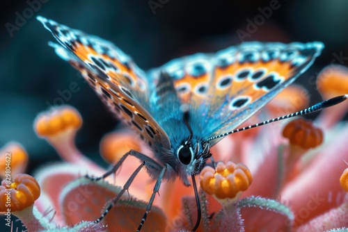 Mariposa colorida extrayendo el néctar de una planta tropical