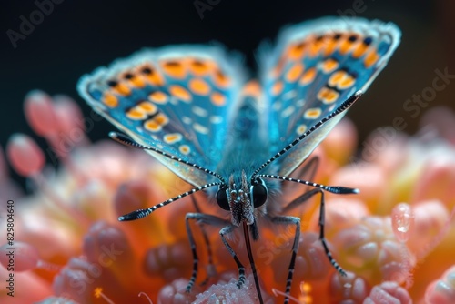 Mariposa colorida extrayendo el néctar de una planta tropical photo