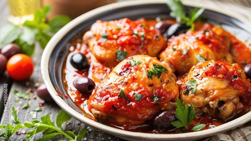 Spicy tomato sauce with olives accompanying chicken thighs photo