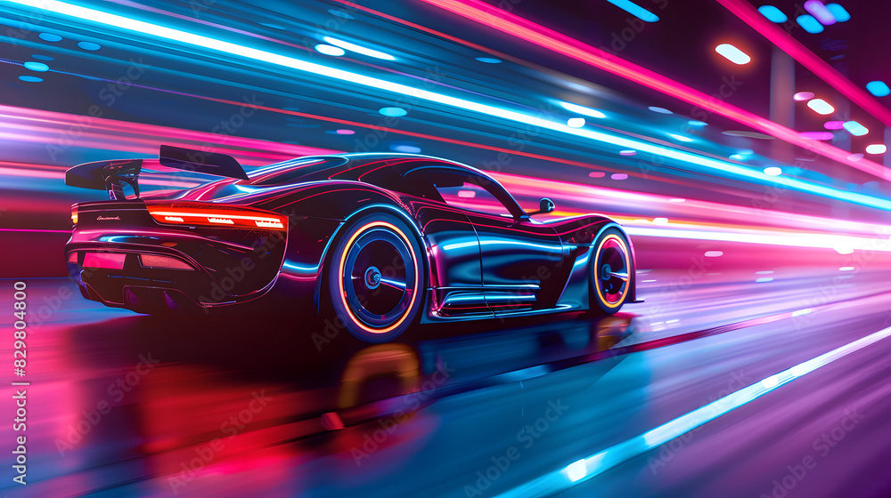 Futuristic clean energy car driving fast with colorful light trails Futuristic clean energy car driving fast with colorful light trails