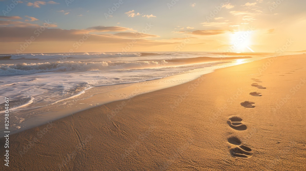 The early morning sun casts a golden glow over the beach, where footprints are the only marks on the smooth sand. The gentle waves and the promise of a new day create a peaceful scene. The early morning sun casts a golden glow over the beach, where footprints are the only marks on the smooth sand. The gentle waves and the promise of a new day create a peaceful scene.