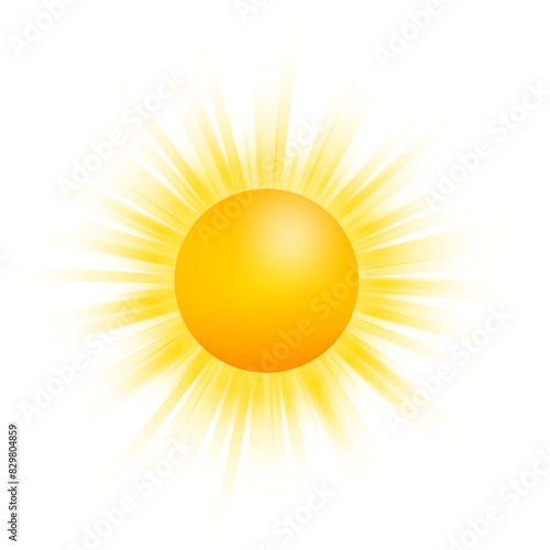 Realistic sun with rays icon for weather design. Hot temperature. Sunshine symbol. Vector stock illustration.