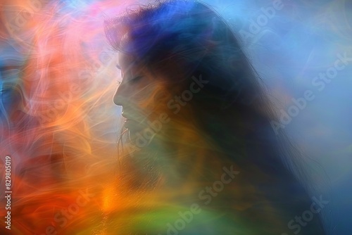 A woman with long hair stands in front of a vibrant and colorful background  creating a striking contrast