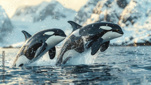Fotografía realista de tres orcas saltando hacia la superficie del mar azul. En el fondo distante, se pueden ver montañas nevadas y la luz del sol clara.