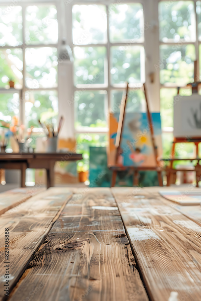 Wooden table in art studio with inspirational background Wooden table in art studio with inspirational background