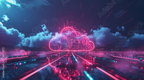 Futuristic digital cloud computing concept with neon lights, depicting data transfer and storage in a high-tech environment. © Rattanathip