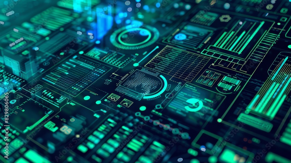 Futuristic digital interface with glowing green elements, displaying complex data and technological graphics. Suitable for technology concepts. Futuristic digital interface with glowing green elements, displaying complex data and technological graphics. Suitable for technology concepts.