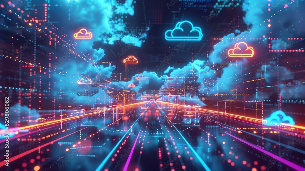 Futuristic digital landscape with cloud computing and neon lights representing data networks, technology, and digital communication.