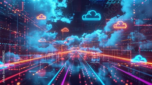 Futuristic digital landscape with cloud computing and neon lights representing data networks  technology  and digital communication.