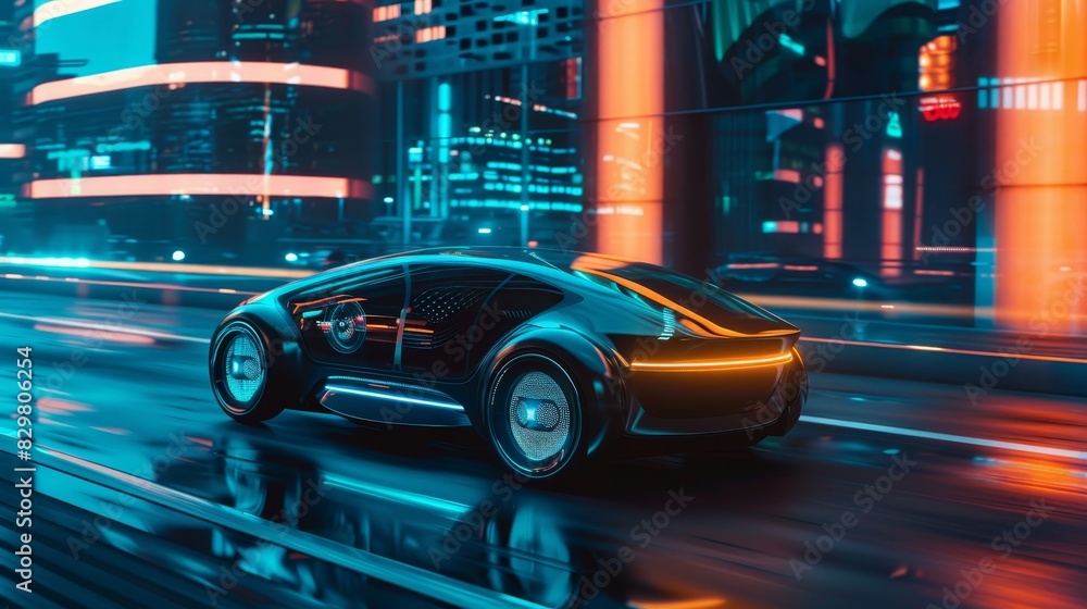 Fototapeta premium Futuristic electric car driving through neon-lit city streets at night, representing advanced technology and urban innovation.