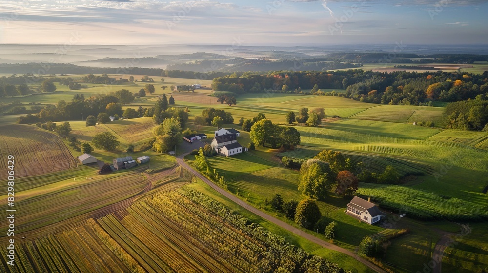 Naklejka premium The view from above captures a serene countryside, where patchwork fields of varying shades of green and gold are bordered by hedgerows