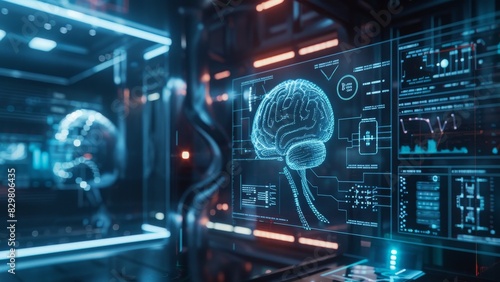 Futuristic laboratory with digital brain interface. Advanced technology, AI research, and neuroscience. High-tech workspace visualization.