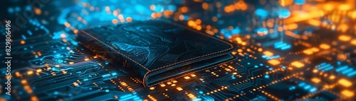 Futuristic microchip on a glowing circuit board, representing advanced technology, AI, and high-tech computing. photo