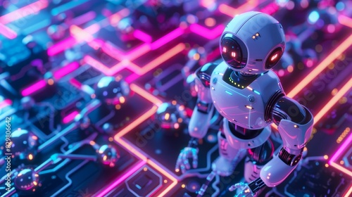 Futuristic robot standing on an illuminated circuit board with vibrant, colorful neon lights, symbolizing advanced technology and AI.