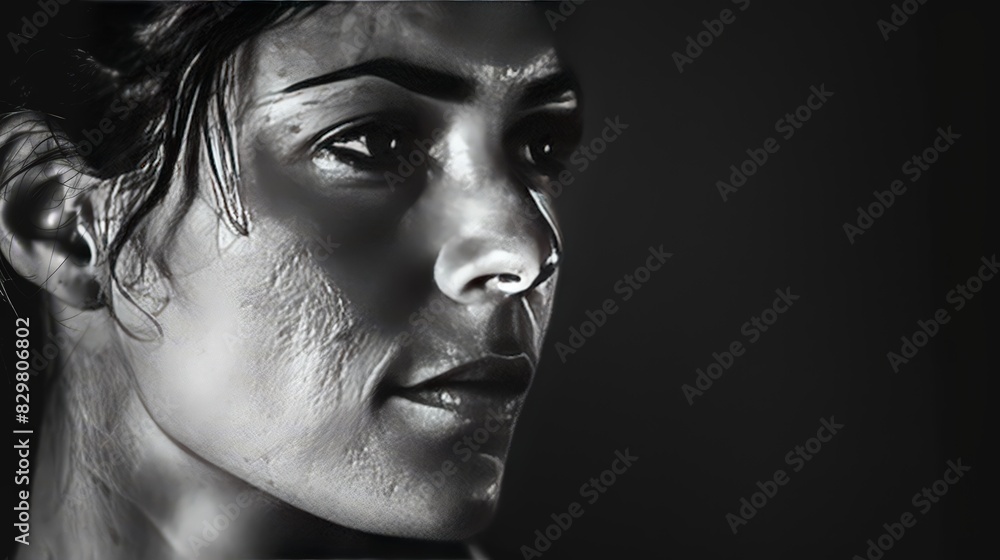 The woman with the serious gaze embodies the power of silent determination, a force to be reckoned with in any arena.