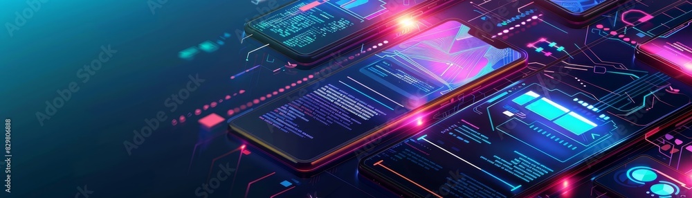 Obraz premium Futuristic technology circuit board with glowing elements, representing advanced digital communication and innovation in a high-tech landscape.