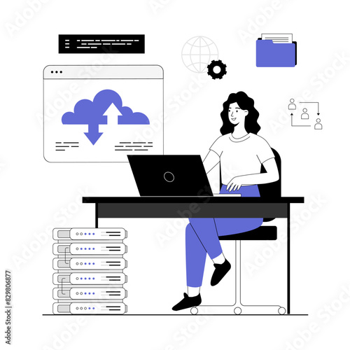 SaaS concept, Software as a service. Cloud computing and storage, online subscription to programs. Vector illustration with line people for web design.