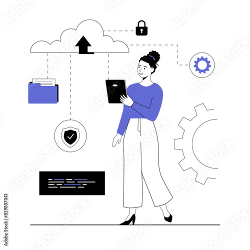 SaaS concept, Software as a service. Cloud computing and storage, online subscription to programs. Vector illustration with line people for web design.