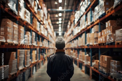 Big warehouse with rows of shelves with full of ware, worker in the middle © steevy84