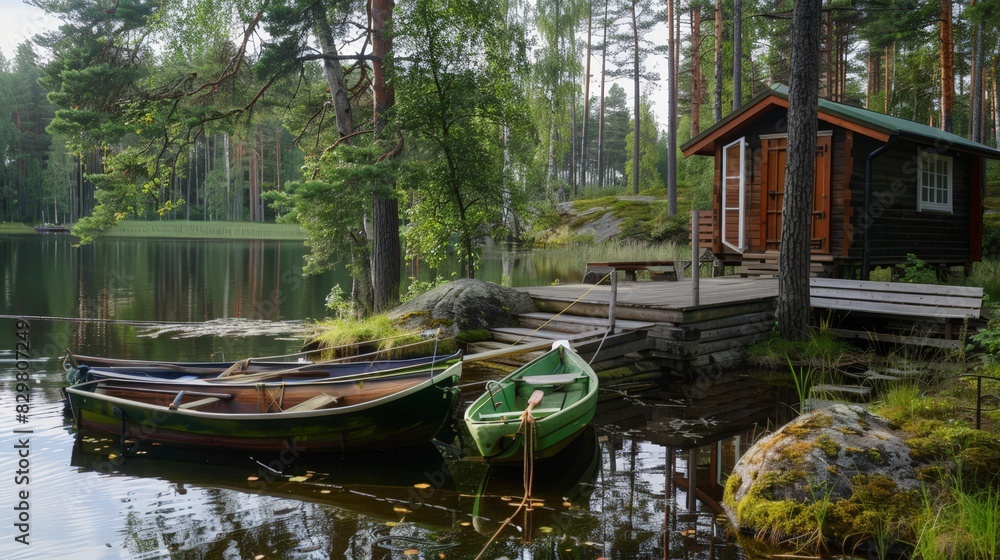 This camping site in Finland features a pier where motor boats, cutters, and small fishing rowing boats are moored. The lush forest backdrop provides a perfect environment 